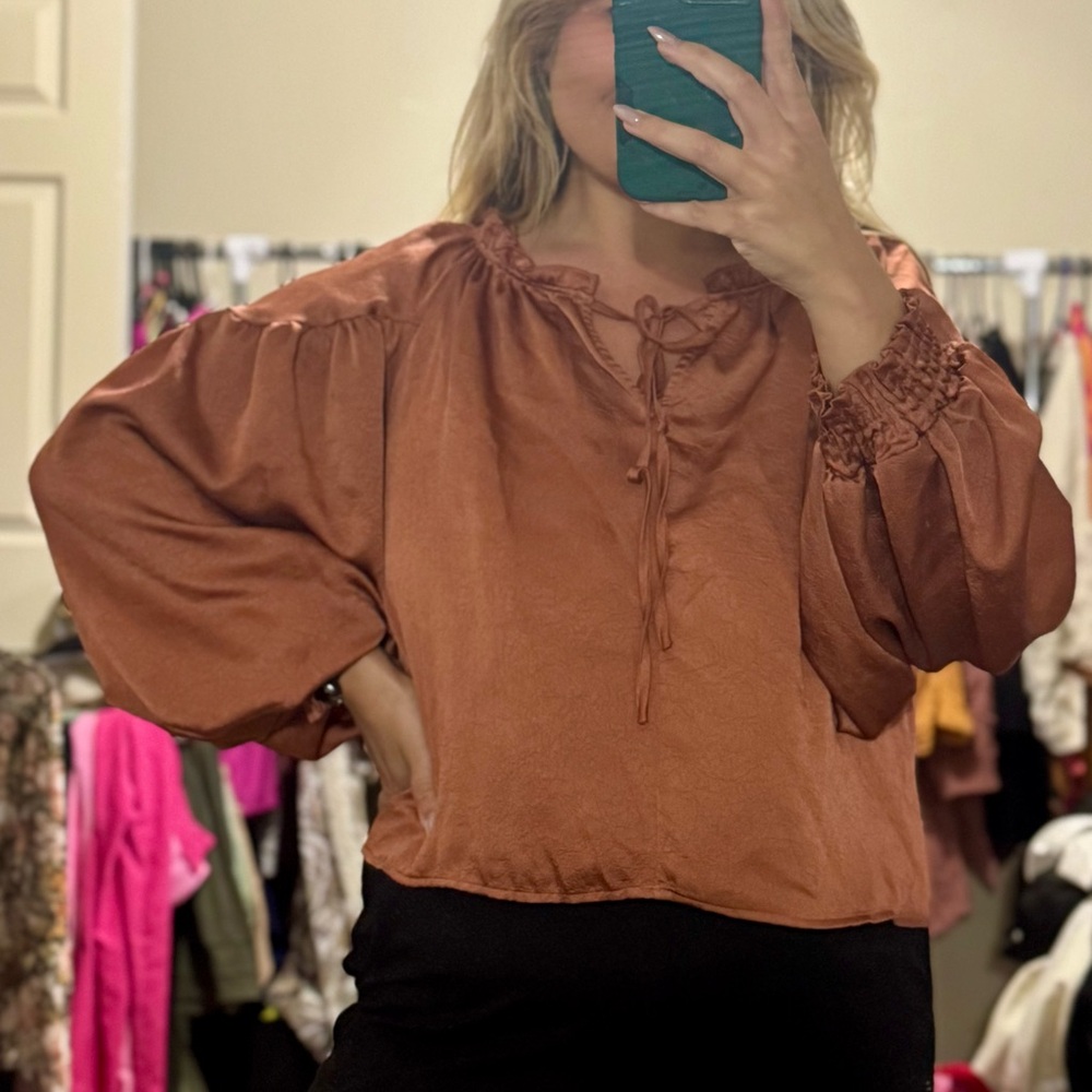 Women’s Rust Peasant Satin Blouse with Tie Neck by Blu Pepper